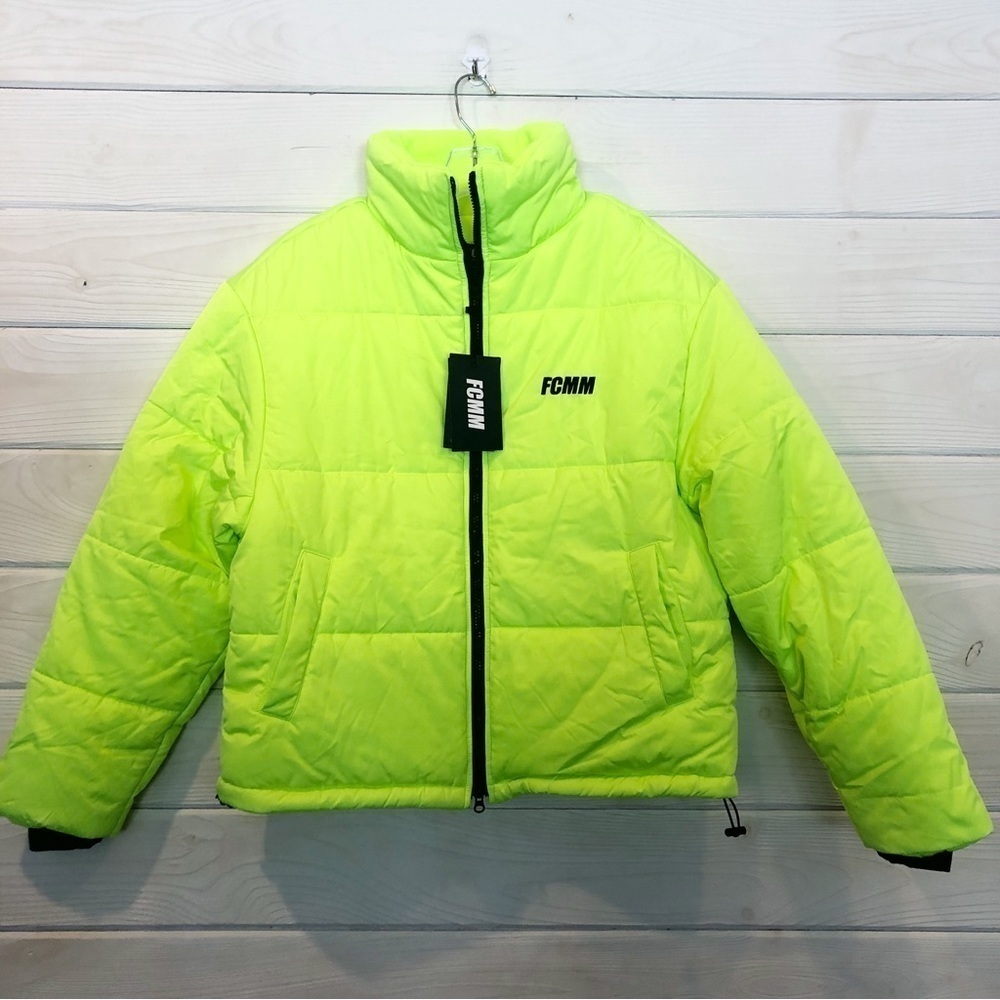 FCMM Neon Yellow Green Puffer Winter Zip Up Jacket, fleece lined